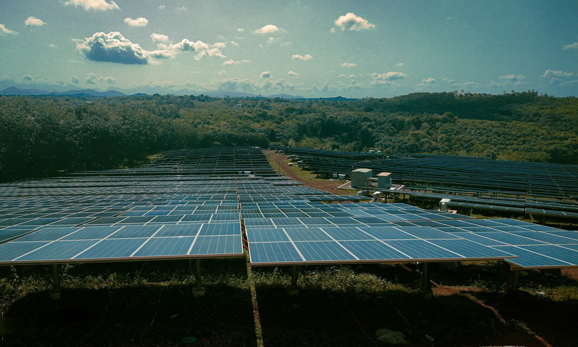 Ground-level view of a large solar module array