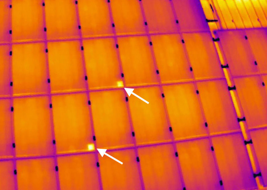Thermal drone scan of a solar array showing a hotspot geo-tagged to an exact module